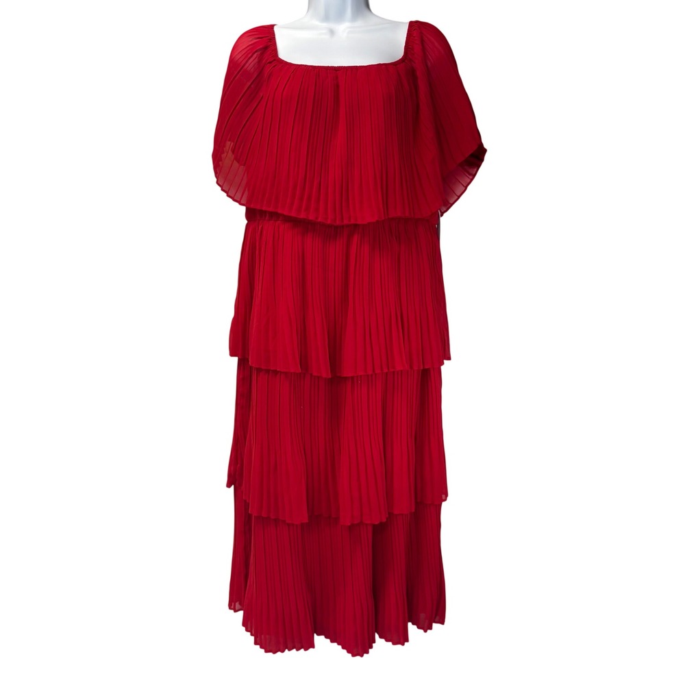 Premier Amour Tiered Ruffle Pleated Midi Dress 16 Red Chiffon